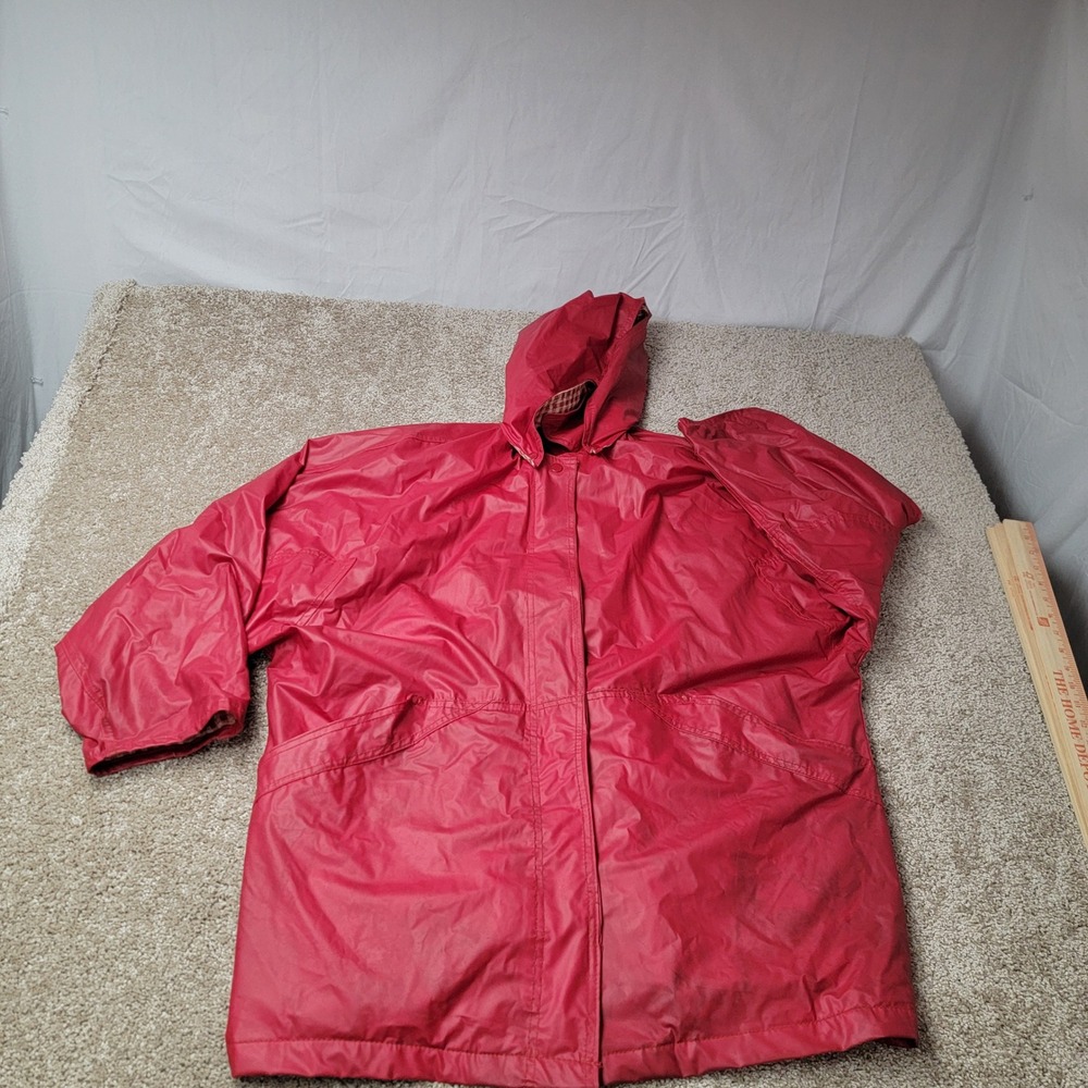 Mens For All Seasons Red Rain Jacket Detachable Hood Snap Up Size Large Vintage